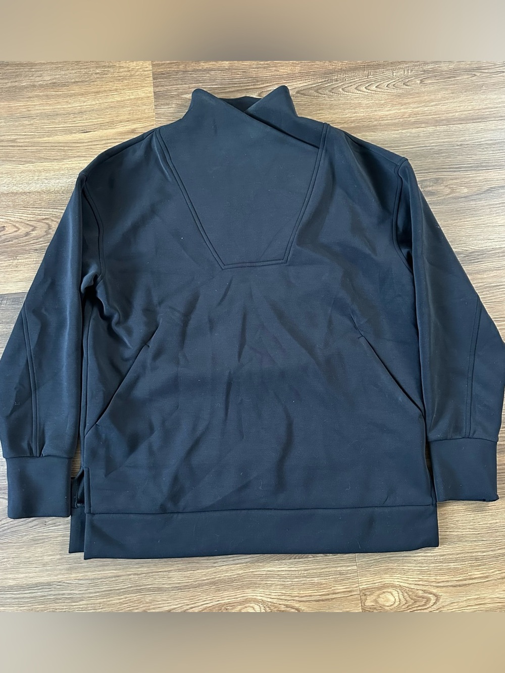 Zella Cross Front Mock Neck Sweatshirt Black Medium Scuba Knit Pullover Pocket